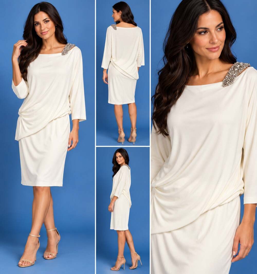 David Meister Ivory Asymmetrical Drape Dress Size 4 NWT Beaded Shoulder Cocktail
